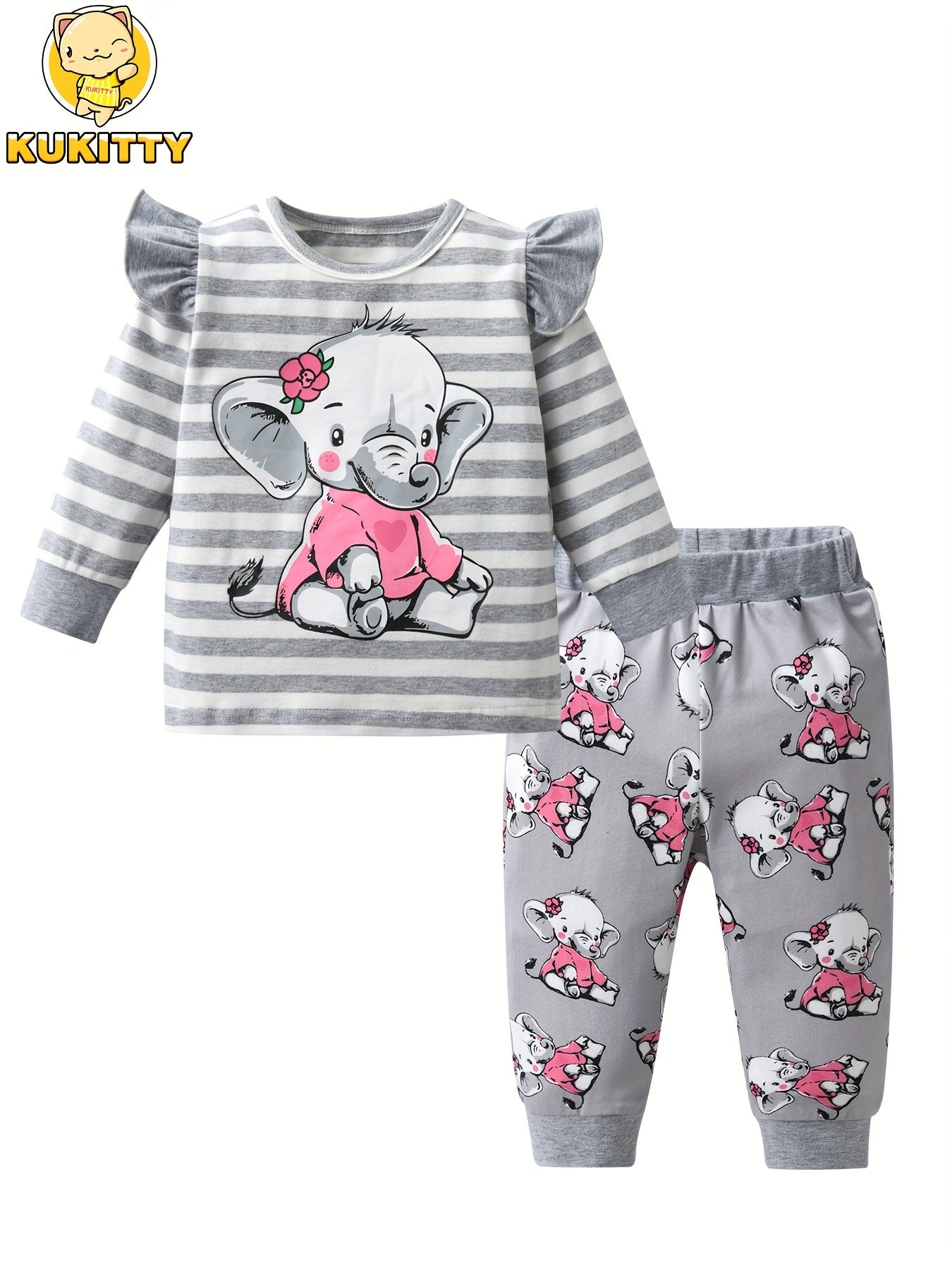 2-Piece Baby Girl's Casual Pants Set - Cartoon Elephant Print, Cotton Knit Fabric with Slight Stretch - Spring/Fall Outfits | Ruffle Long Sleeve Tops | Machine Washable