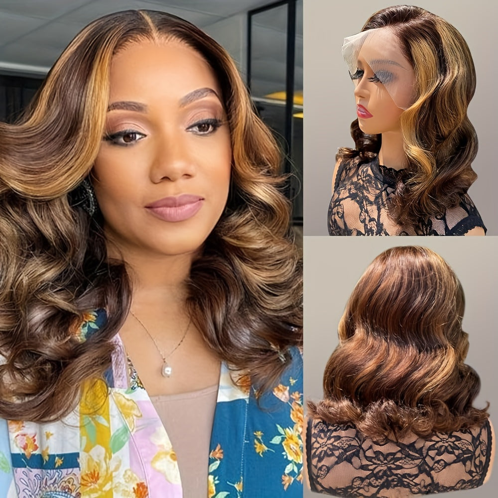 14 Inch Ombre Body Wave Bob Lace Front Wig Human Hair 4x4 Highlight Lace Front Short Body Wave Wig Human Hair 4/27 Ombre Brown Human Hair Wigs 180% Density Wigs Human Hair with Baby Hair