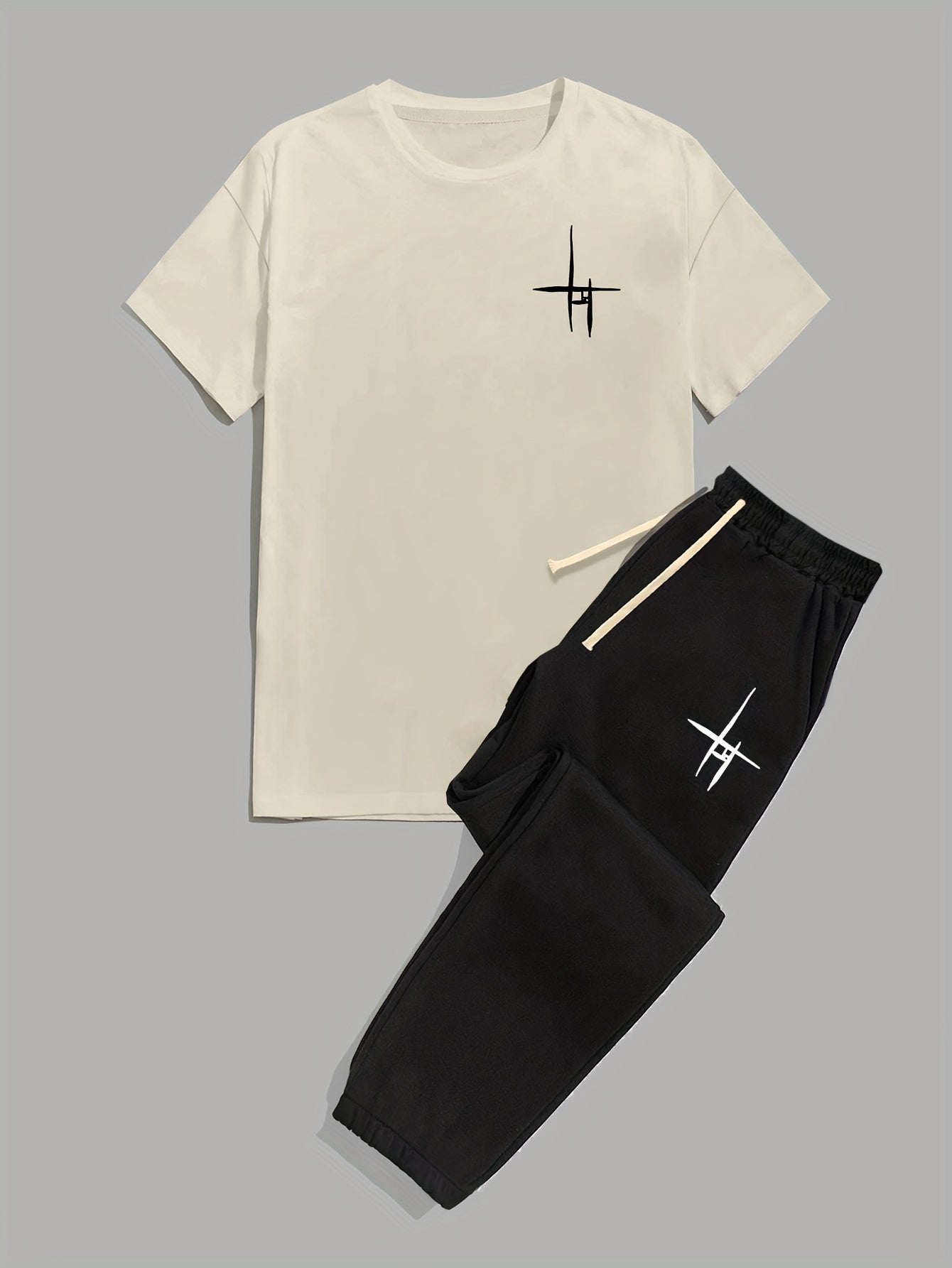 Mens 2 Piece Fashion Outfit Set - Bold Line Pattern Tee & Drawstring Sweatpants - Casual, Comfortable, and Stylish