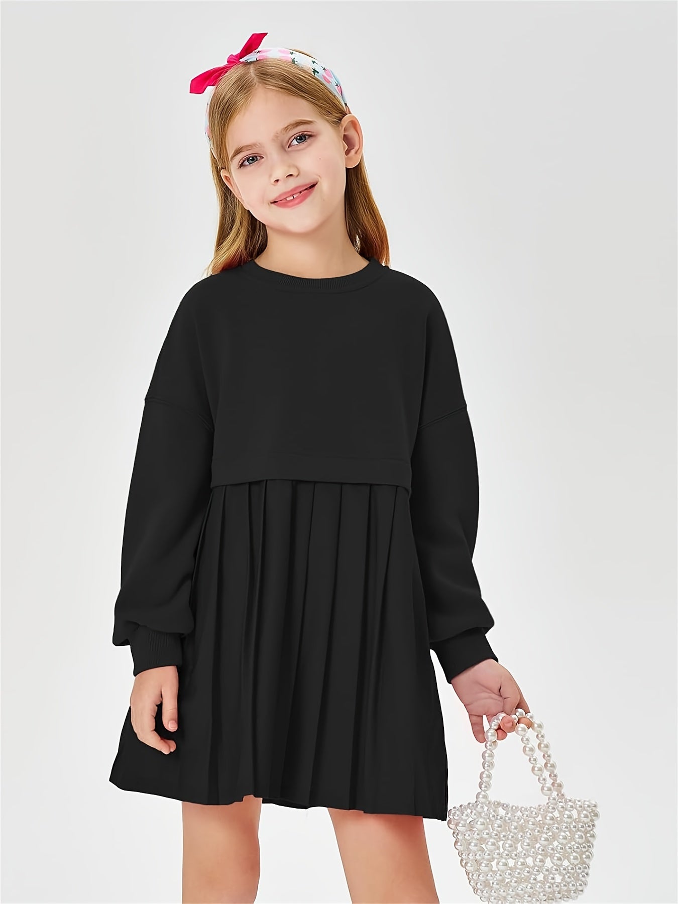 Girls Pleated Sweatshirt Dresses Kids Fashion Long Sleeve Crew Neck Mini Dress