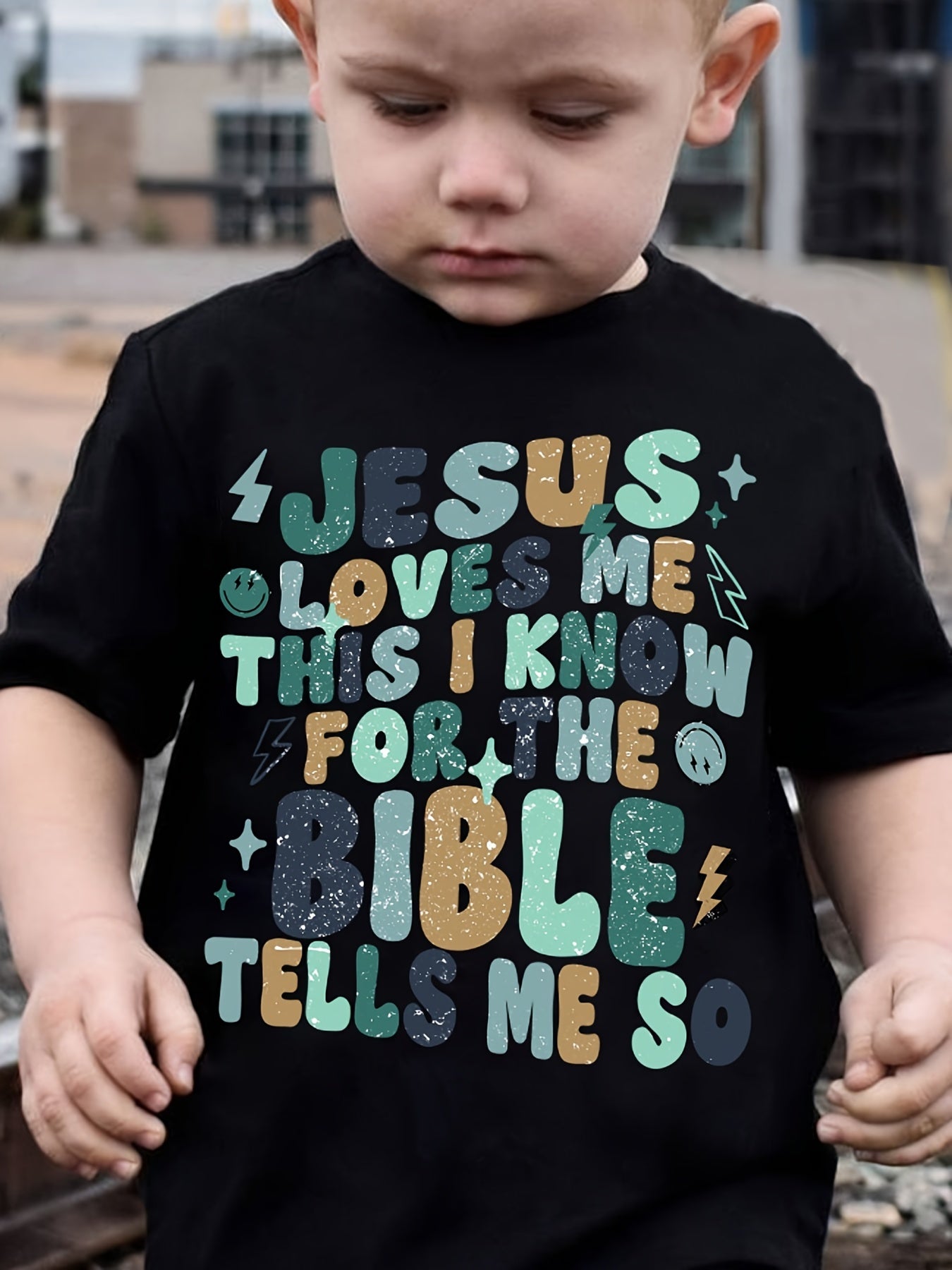 Summer Kids Fashion Short Sleeve T-Shirt - Casual Round Neck, Alphabet Print, Polyester Knit Fabric, Children's Cute Boy Casual Top with Bible Verse Design