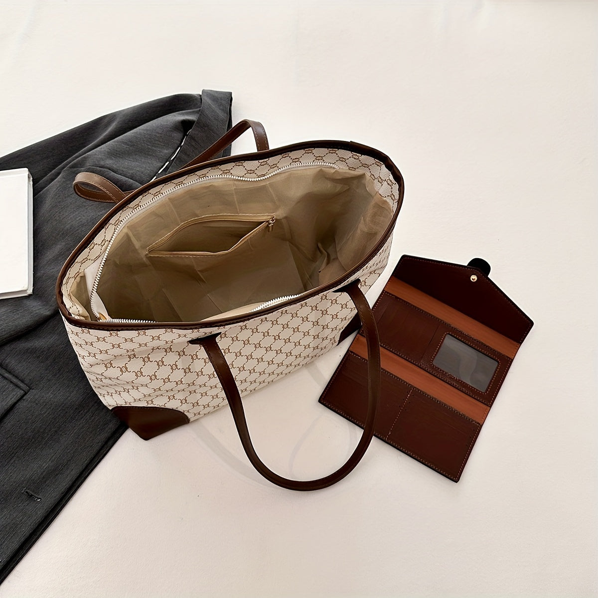 Classic Elegant Tote Shoulder Bag With Long Purse, Elegant Textured Women's Bags, New Year & Valentine's Day Gift