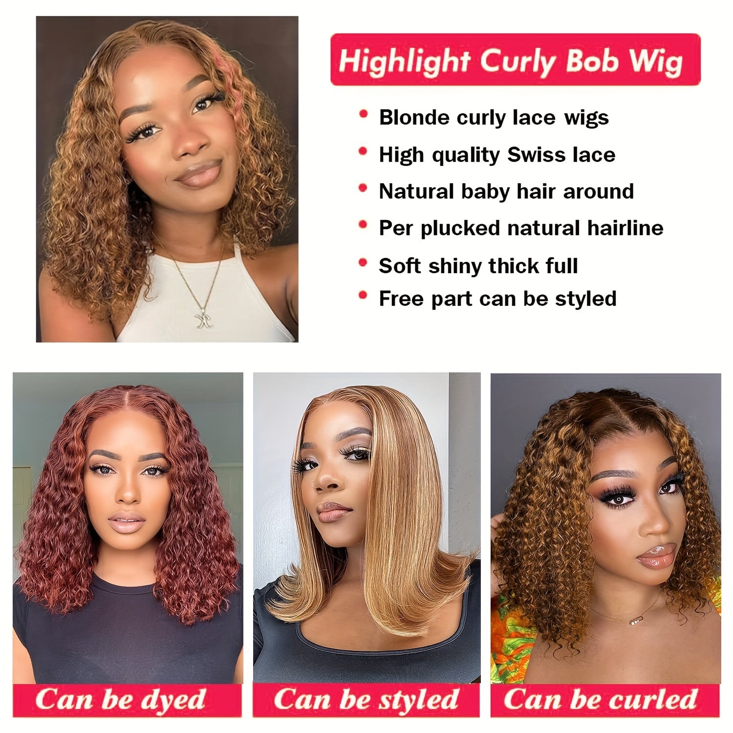 Highlight Curly Bob Wig Human Hair Wig Ombre Lace Front Wig Human Hair Curly Wig Lace Wig Deep Wave Wigs Human Hair Wigs For Women Pre Plucked Bleached Knots 180% Density