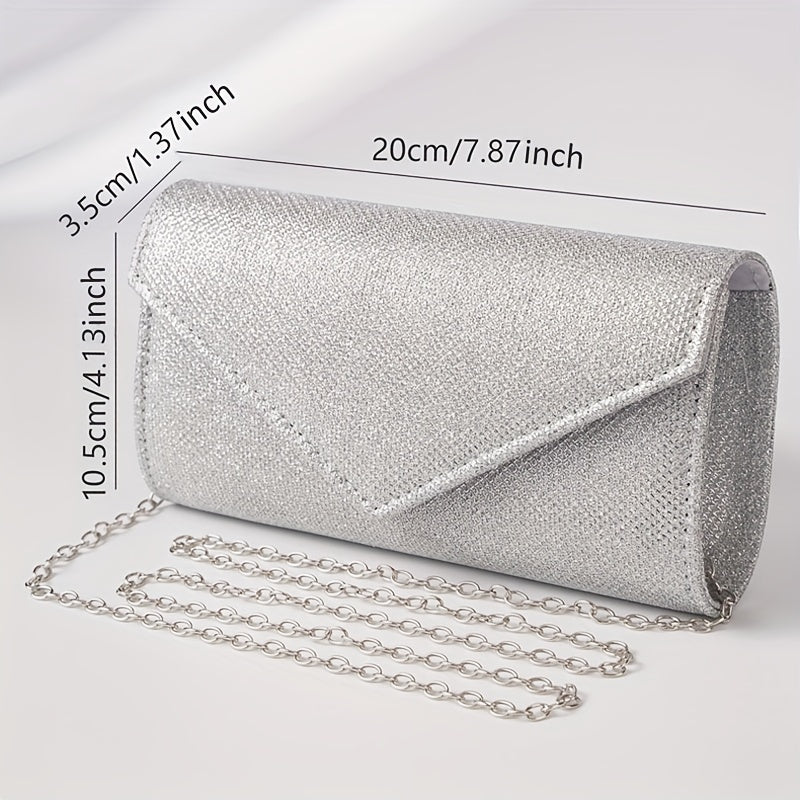 Glitter Women Envelope Evening Bag Mini Long Purse Ladies Silvery Day Clutch Wedding Party Handbag Shoulder Bags with Chain --A