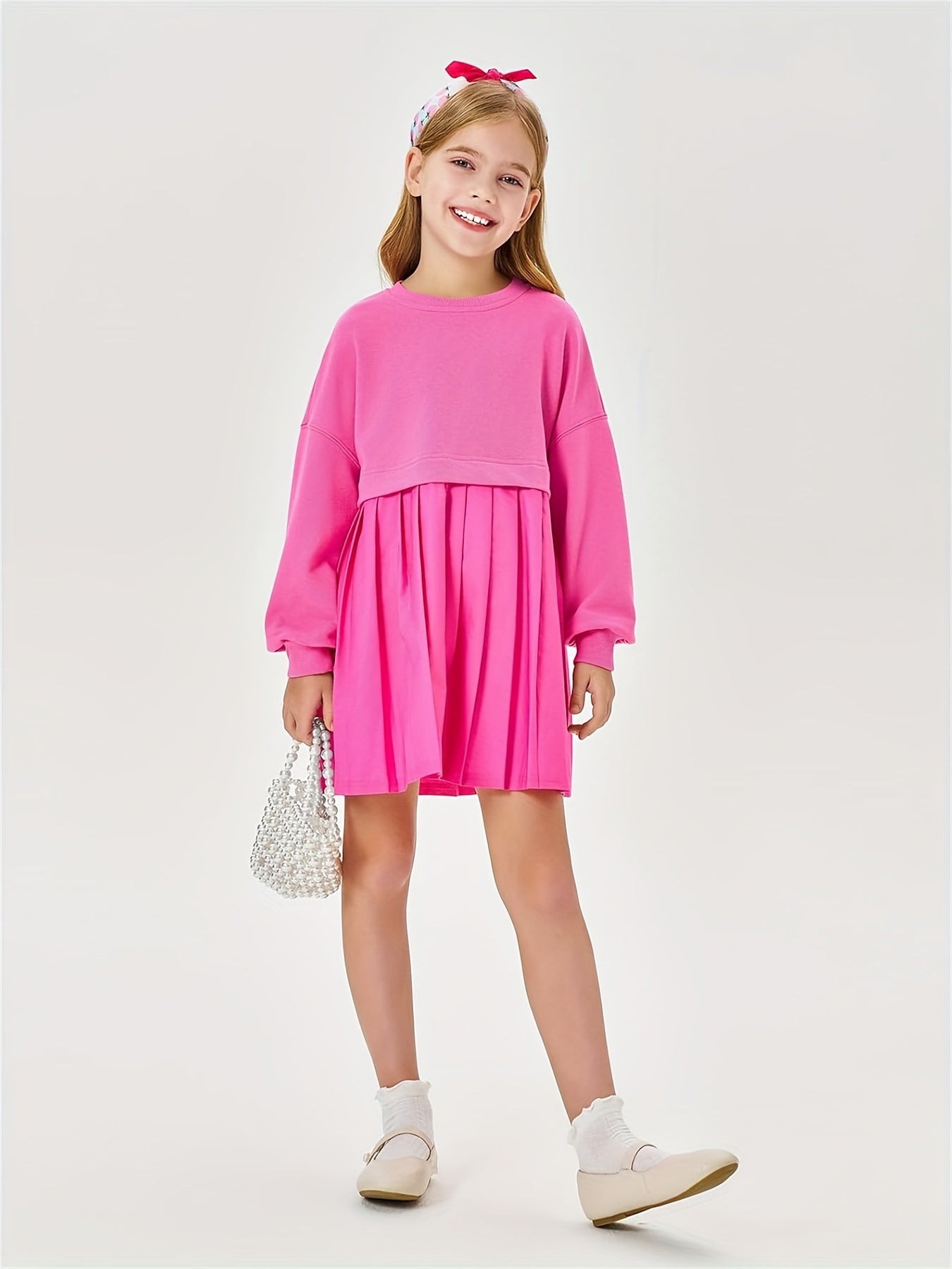 Girls Pleated Sweatshirt Dresses Kids Fashion Long Sleeve Crew Neck Mini Dress