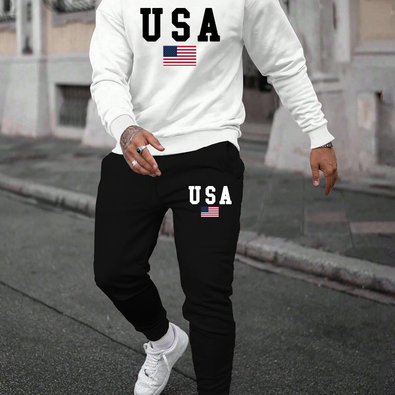 Trendy Autumn & Winter Outfits - Men's Casual Sweatshirt & Comfy Pants - USA Print