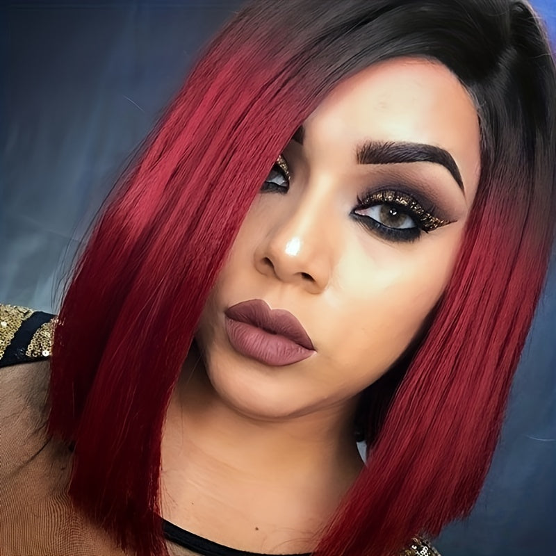 [Heat Resistant Synthetic Wig] Heat Resistant Synthetic Wig | Black to Red Ombre Bob Cut with Side Part, Natural Look Synthetic Hair for Women, Everyday & Party Hairstyle, Easy Maintenance & Damage-Free Styling, Short Hair Wi