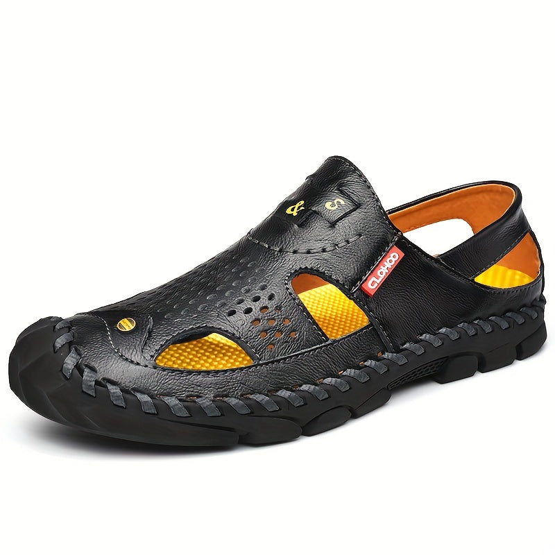 CLOHOO Mens Round Toe Sandals - Durable Handmade Stitching, Non-Slip Rubber Sole, Comfortable PU Insole, Breathable Fabric Lining, Second Layer Cowhide Upper, Slip-On Closure, Perfect for Indoor, Outdoor, Beach, Vacation, Spr