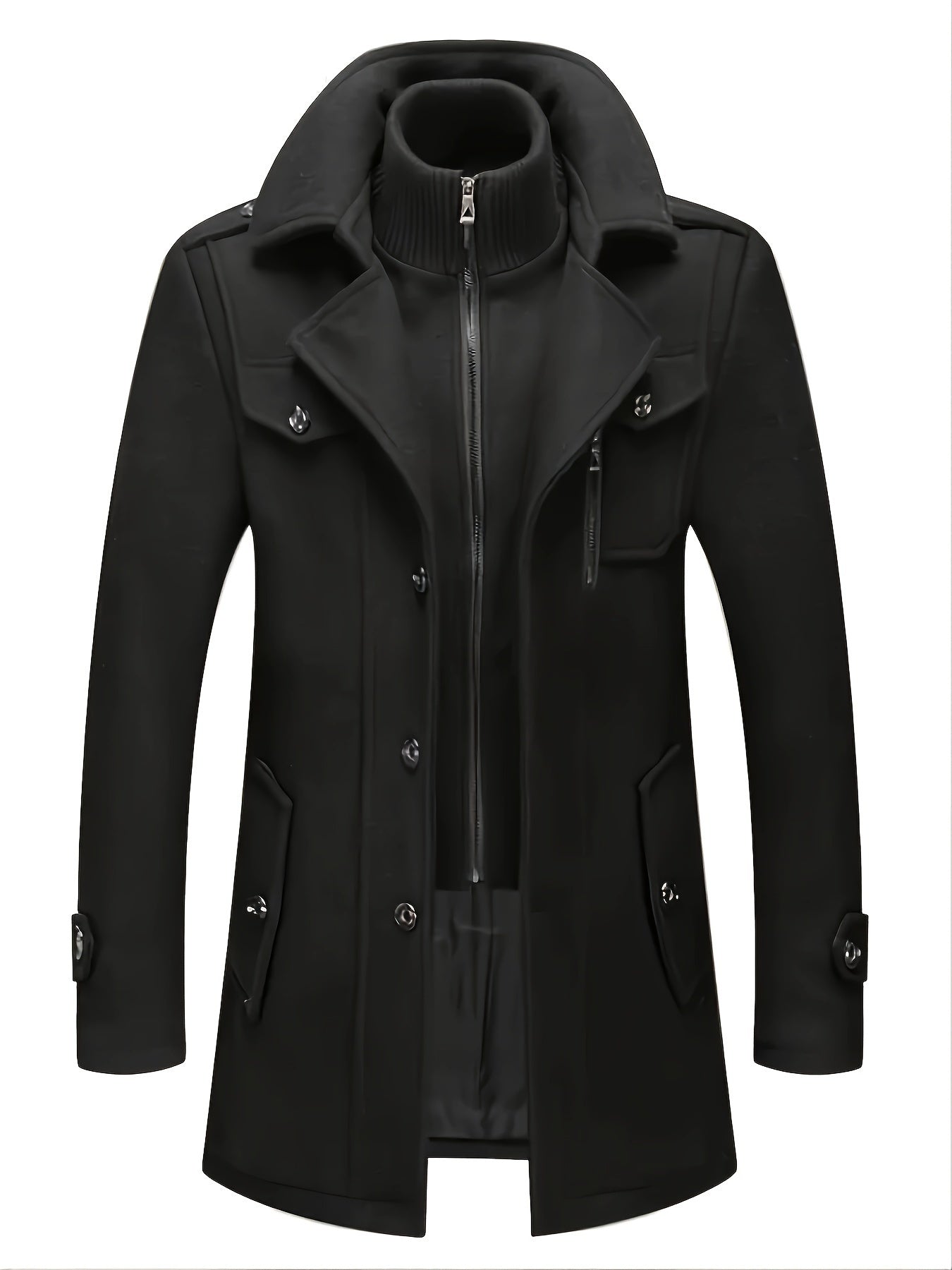 [Stylish Wool Coat] Warm and Durable Men's Coat - Stylish Double Collar Wool-Blend Mid-Length Coat with Zipper & Pockets for Business or Casual Autumn/Winter Outfits