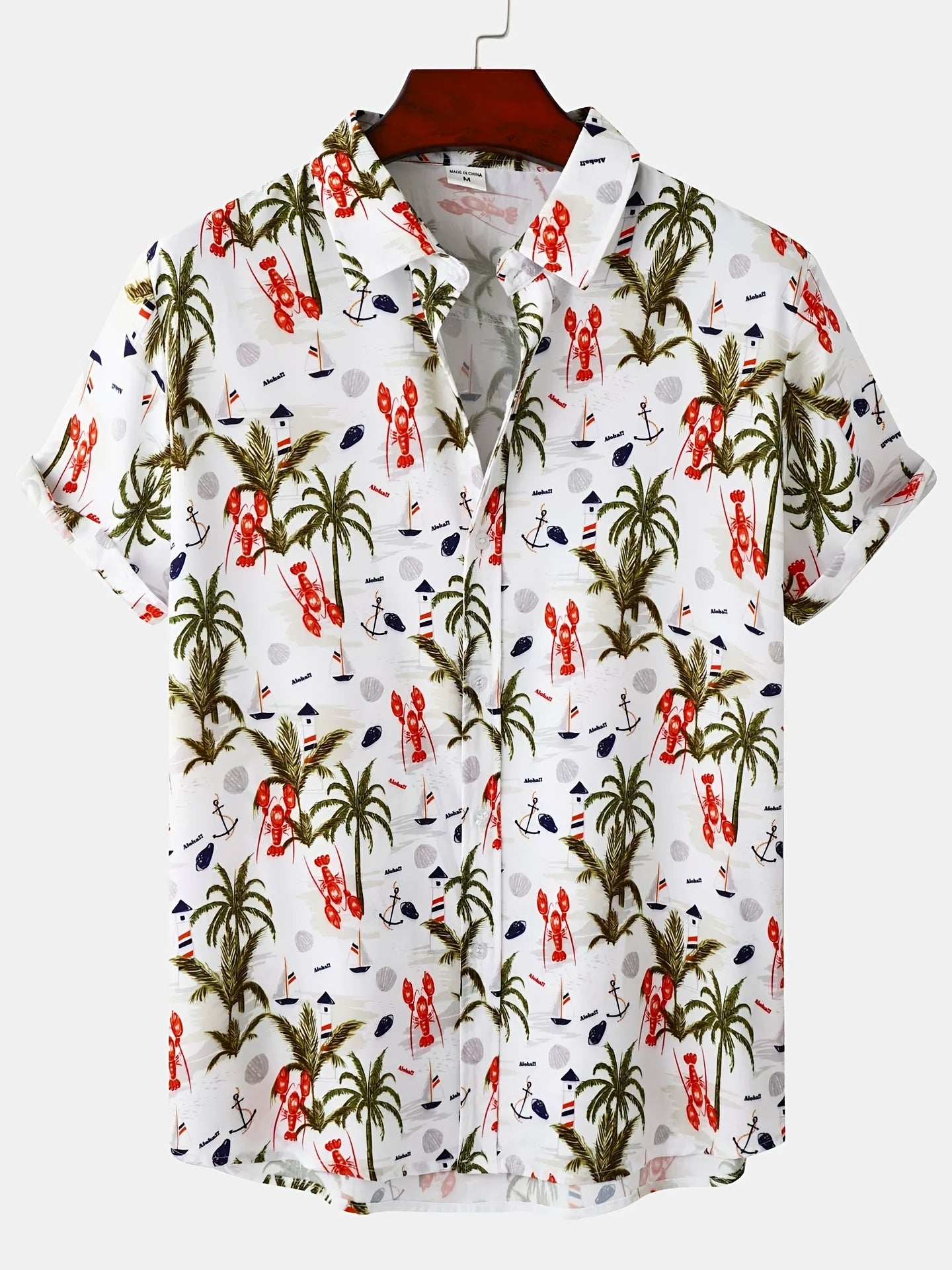 Mens Palm Tree & Lobster Paradise Short Sleeve Hawaiian Shirt - Lightweight, Comfortable, Perfect for Summer Beach Vacations