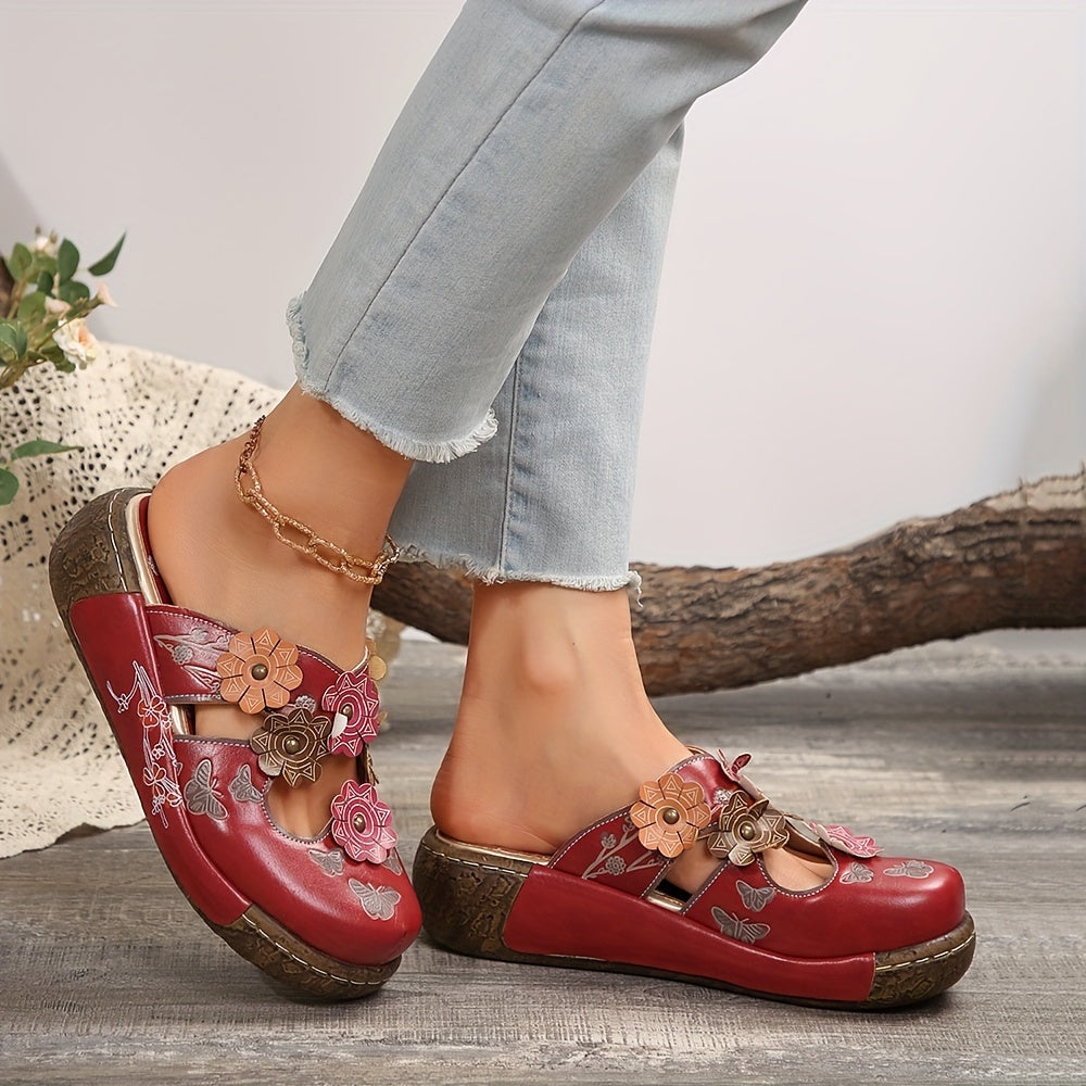 Women's Slip-On Platform Sandals - Ethnic Floral sandals with Cushioned PU Sole, Closed-Toe for Beach, Casual, Formal Events - Green & Pink Floral accents - All-Day Comfort Footbed - Women's Bohemian Footwear, Ladies Shoes An