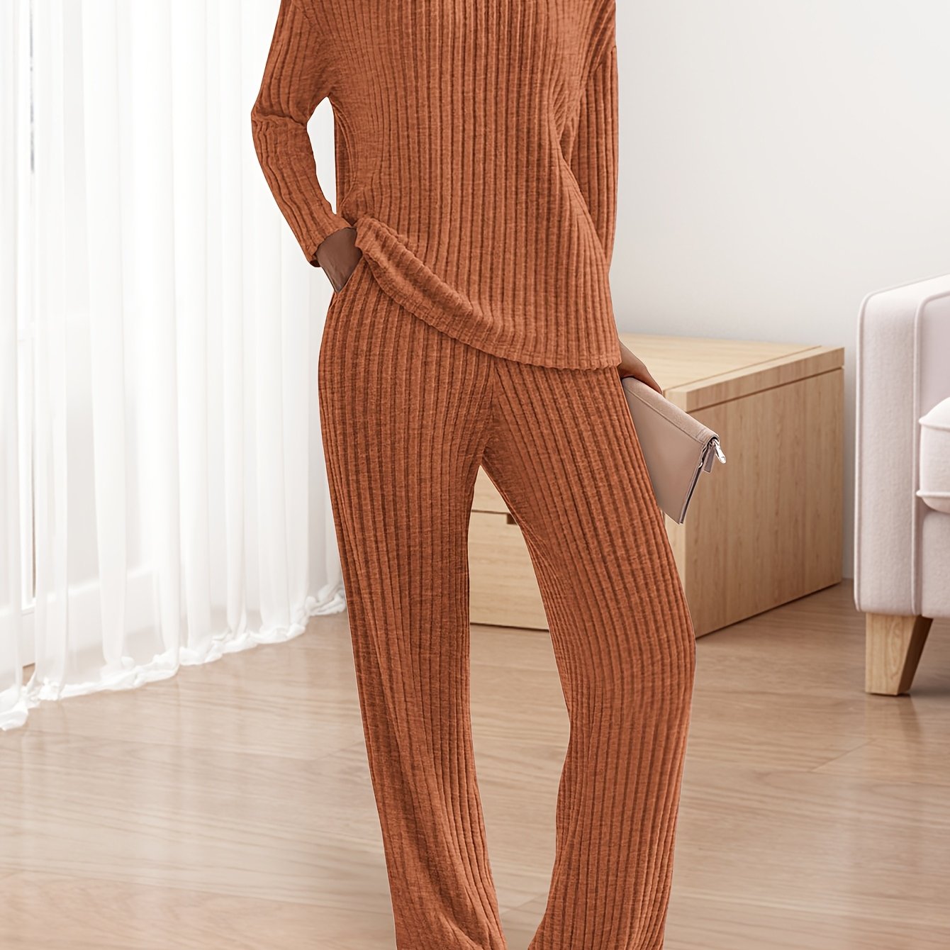 [Ribbed Knit Lounge Sets] 2pcs Ribbed Knit Lounge Sets - Women's Long Sleeve V Neck Pullover Tops Wide Leg Pants for Fall Winter Outfits