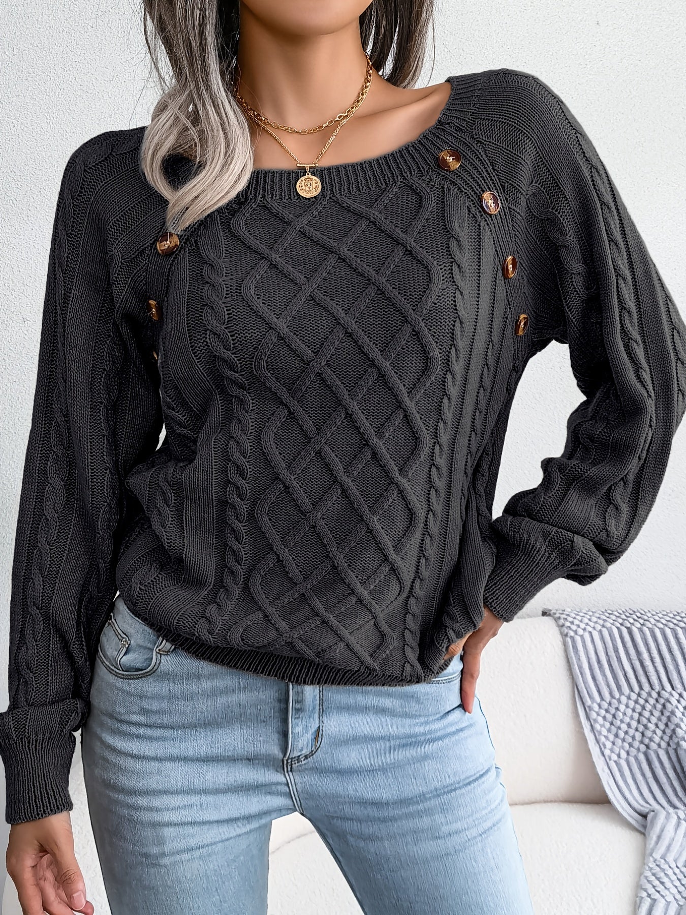 Texture Button Lantern Sleeve Sweater - Women's Round Neck Sweater