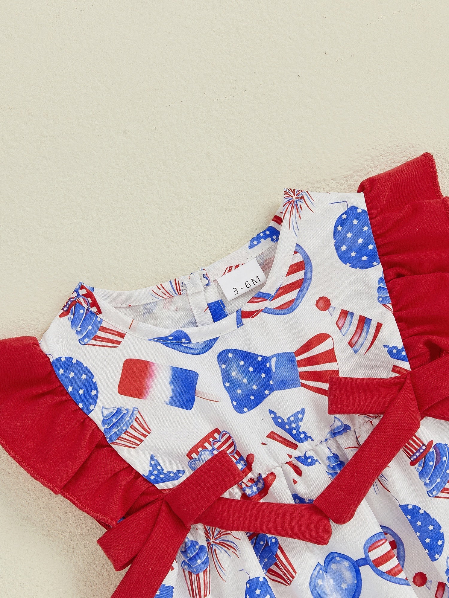 Baby Girls Patriotic Ice Cream Cake Print Romper - Red White Blue Stars & Stripes Design with Bow Detail, Fly Sleeve Summer Jumpsuit, Breathable Casual Outfit for Independence Day & Everyday Play, Holiday Wear | Playful Kids