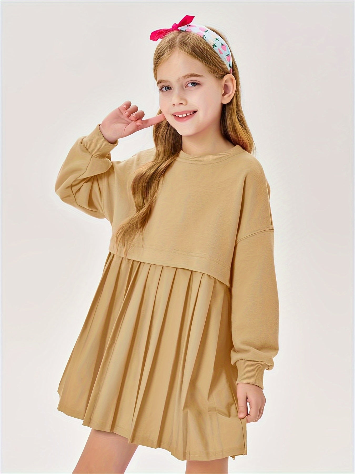 Girls Pleated Sweatshirt Dresses Kids Fashion Long Sleeve Crew Neck Mini Dress