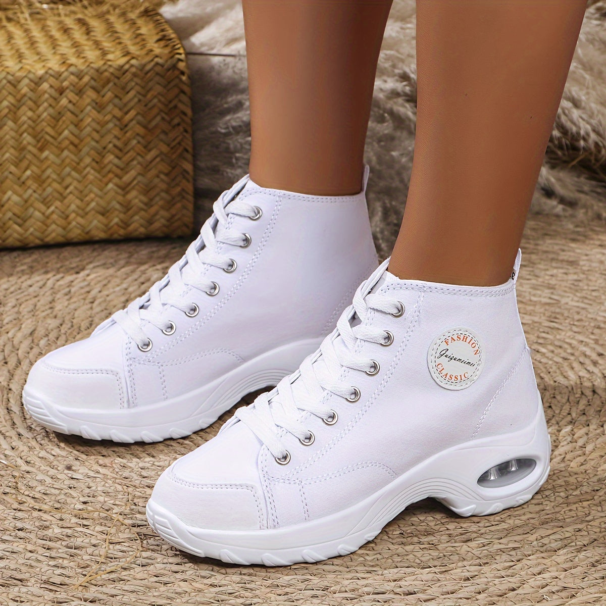 [Bold Style] Women's Fashionable High-Top Walking Shoes with Air Cushion - Lightweight, Thick Sole for Height Boost, Lace-Up, Comfortable Fabric Interior, All-Season Casual Footwear, Versatile Women's Shoes|Trendy Thick Sole|