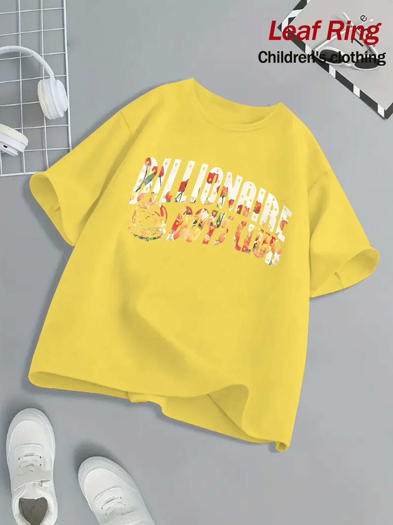 Billionaire Boys Club Floral Print T-Shirt - Bright Yellow, Kids' Summer Essential, 100% Cotton, Loose Fit, Casual Crew Neck, Short Sleeve, Machine Washable, Children's Playwear | Vibrant Kids Fashion | Breathable Fabric, Twe