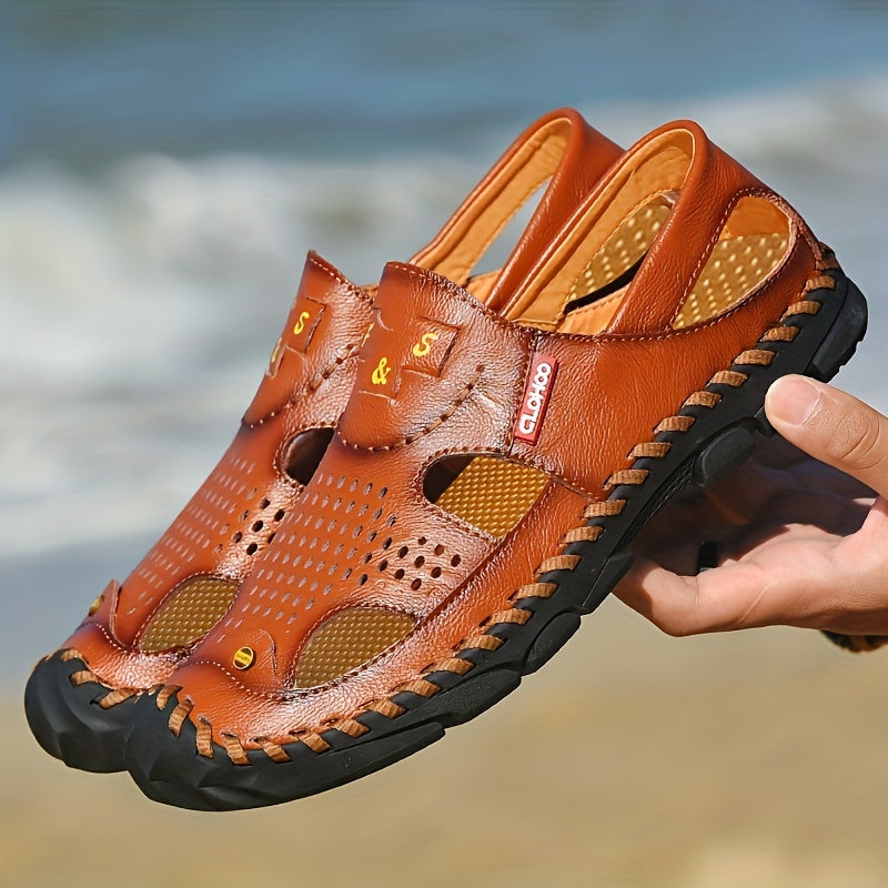 CLOHOO Mens Round Toe Sandals - Durable Handmade Stitching, Non-Slip Rubber Sole, Comfortable PU Insole, Breathable Fabric Lining, Second Layer Cowhide Upper, Slip-On Closure, Perfect for Indoor, Outdoor, Beach, Vacation, Spr