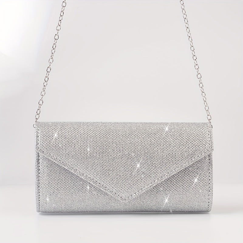 Glitter Women Envelope Evening Bag Mini Long Purse Ladies Silvery Day Clutch Wedding Party Handbag Shoulder Bags with Chain --A