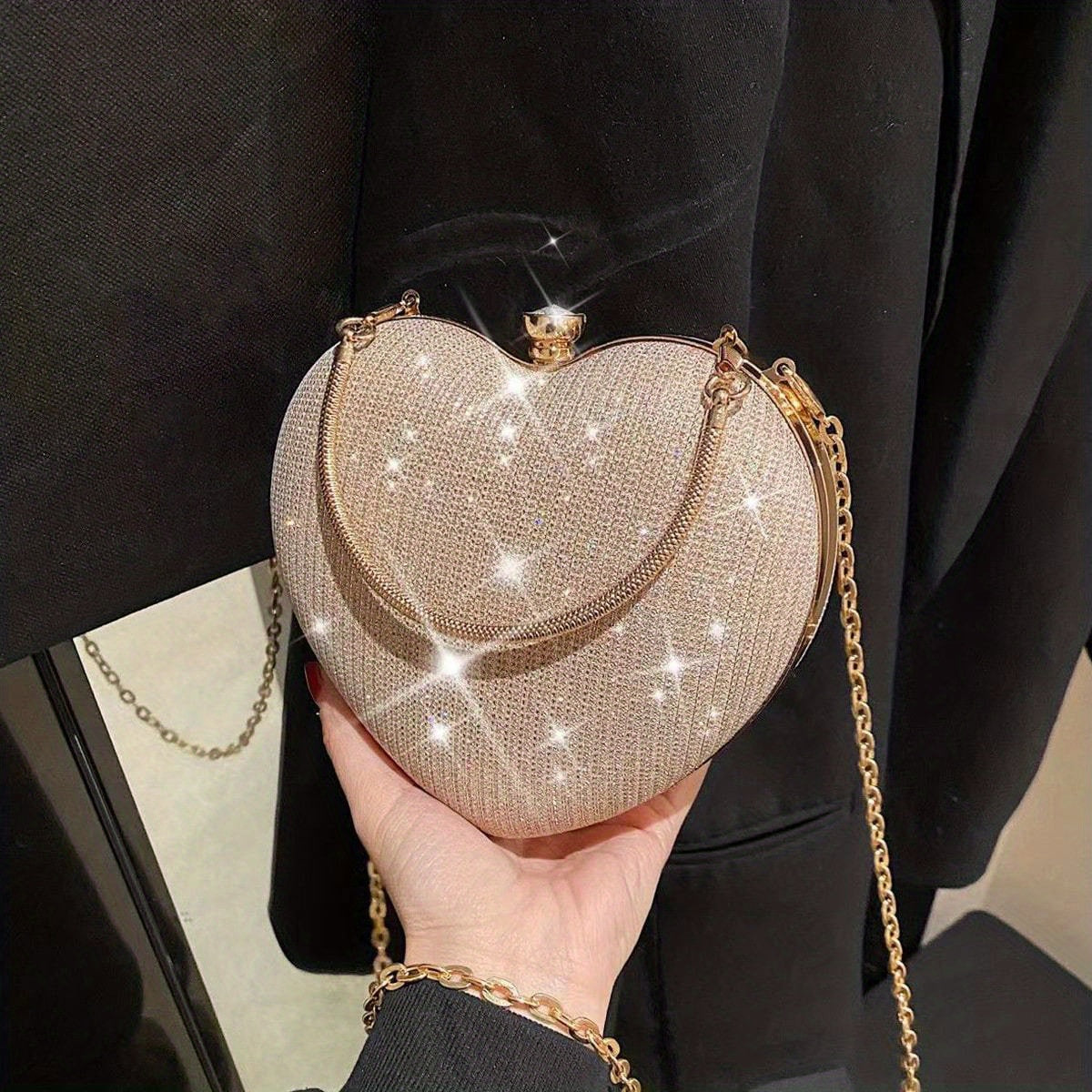 Mini Heart-Shaped Box Handbag - Evening Bags with Glitter Chain Crossbody Strap, Sparkly Clasp and Box-Shaped Design for Wedding, Party, Carnaval and Formal Occasions