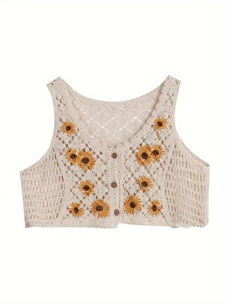 Girls Bohemian Style Knitted Cropped Cardigan Vest, Floral Embroidery With Button Detail, Kids Fashion Outerwear