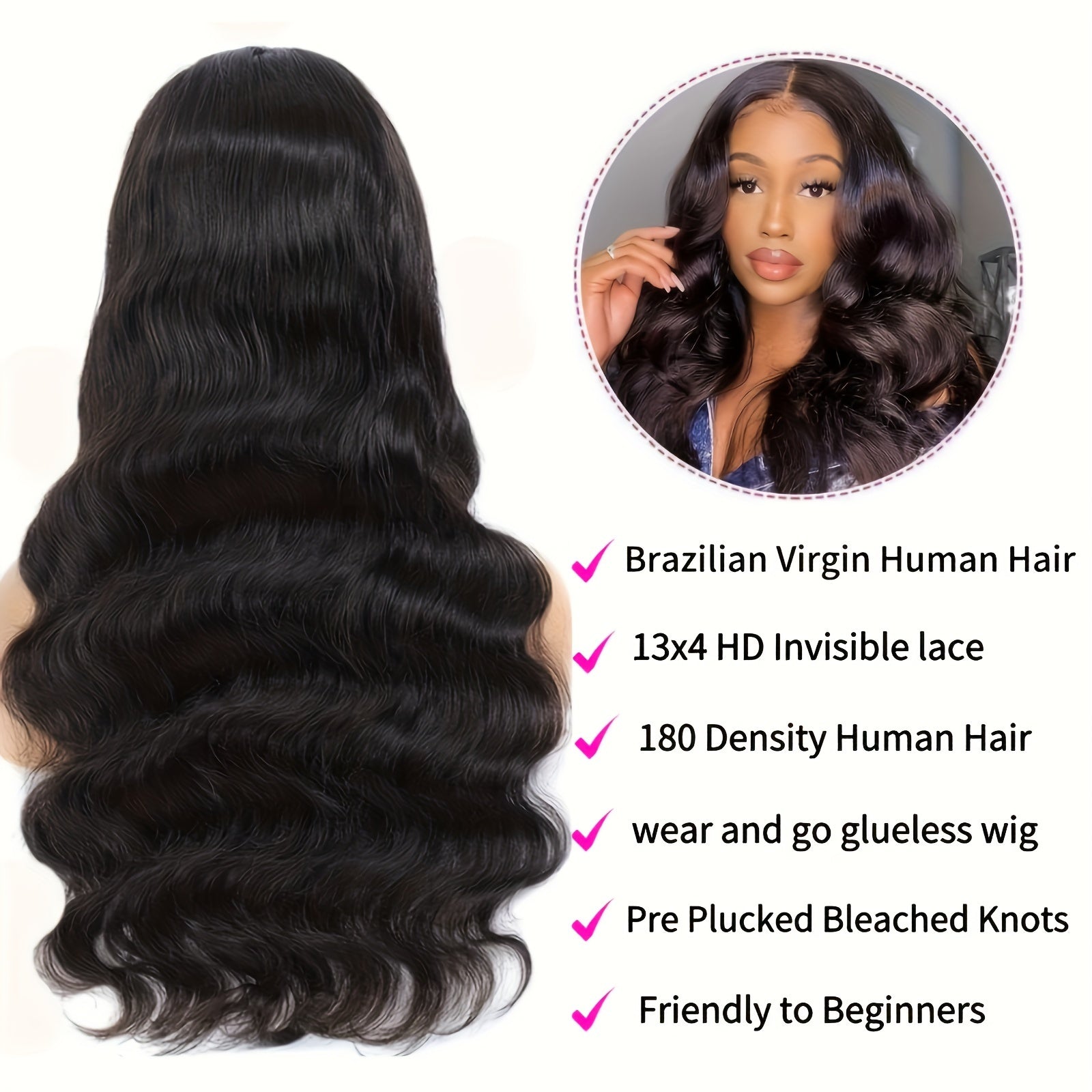 Glueless Wigs Human Hair Body Wave 13x4 Lace Front Wigs No Glue Pre Cut Pre Plucked HD Lace Frontal Wigs For Beginners Brazilian Human Hair Wig Upgrade Glueless Wigs For Women 180% Density