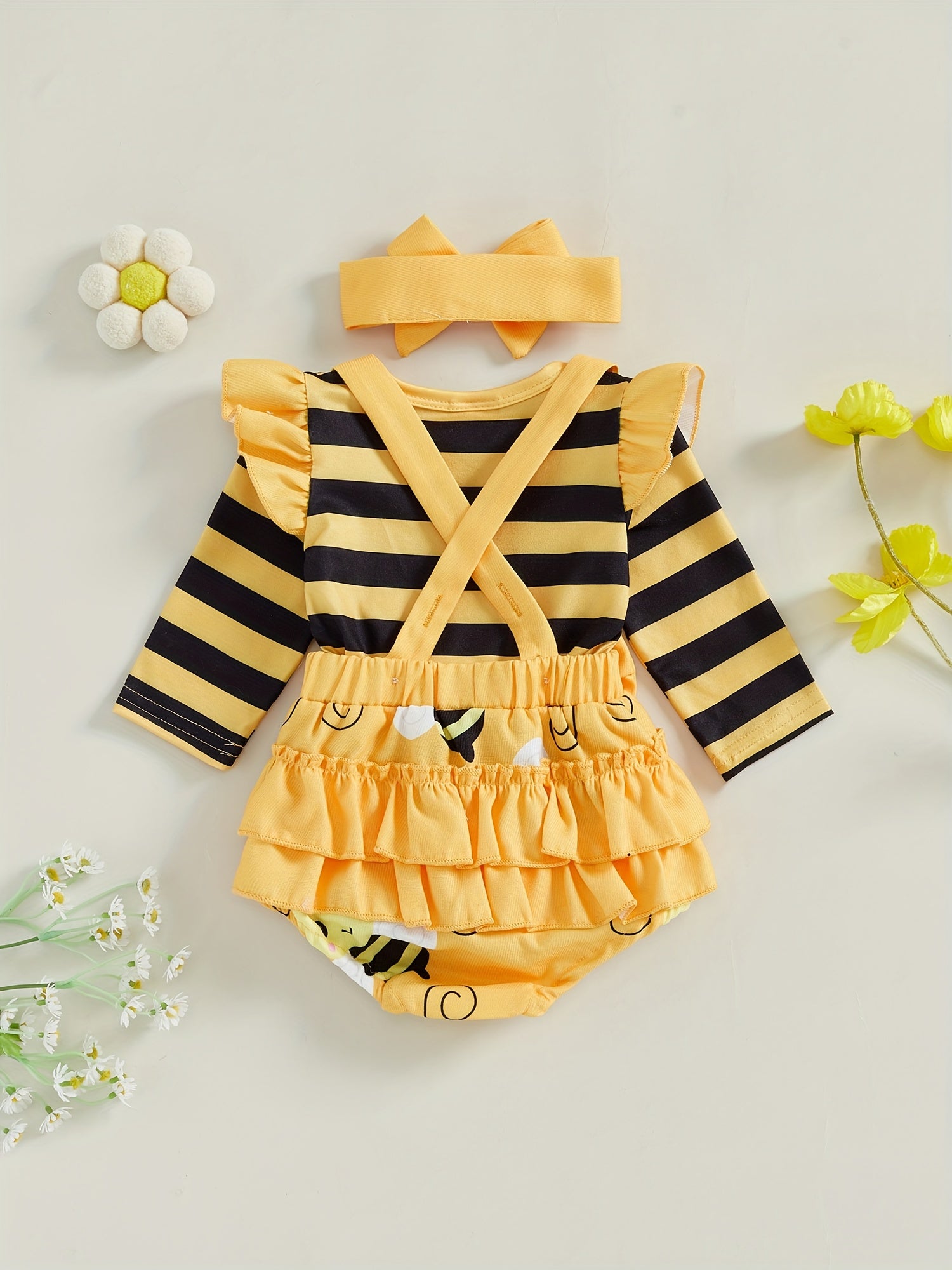 Baby Girl Fall Outfits Stripe Bee Print Long Sleeve Romper Suspender Shorts Headband 3Pcs Clothes Set 0 3 6 12 18 Months