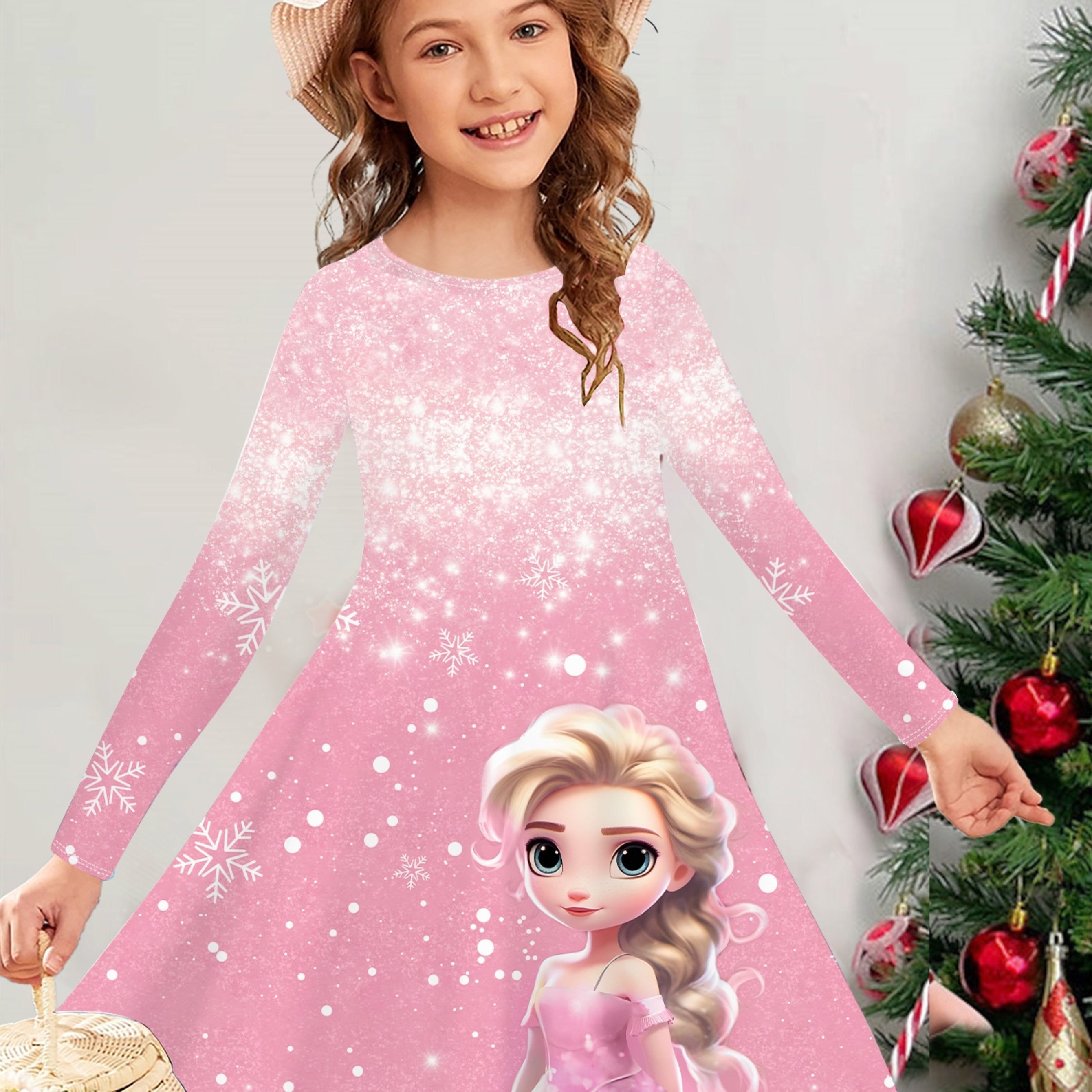 Girls' Long Sleeve Christmas Dress, 3D Princess Print, Knit Fabric, Polyester, Regular Fit, Casual Style, Autumn/Winter, Stretchy, Cartoon Pattern, Kids Fashion