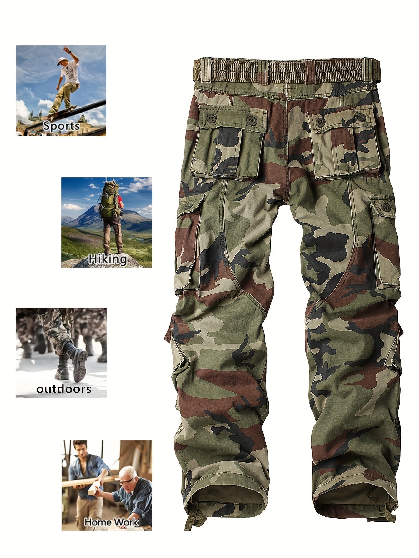 Mens Cotton Camo Cargo Pants - Durable & Stylish with Multi-Flap Pockets - Straight Leg, Loose Fit Tactical Pants for Outdoor Adventures, Work, Hiking, Fishing & Angling
