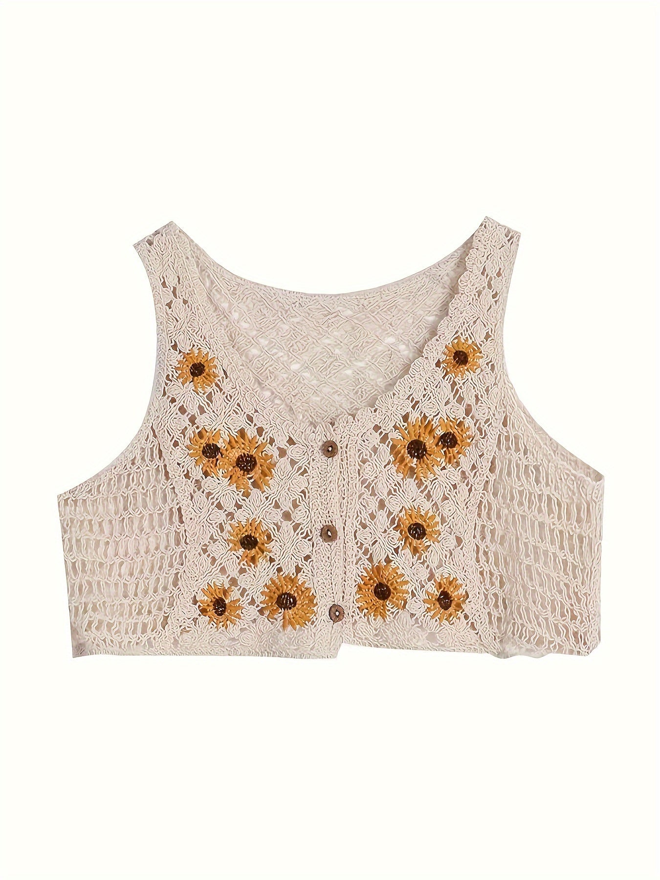 Girls Bohemian Style Knitted Cropped Cardigan Vest, Floral Embroidery With Button Detail, Kids Fashion Outerwear
