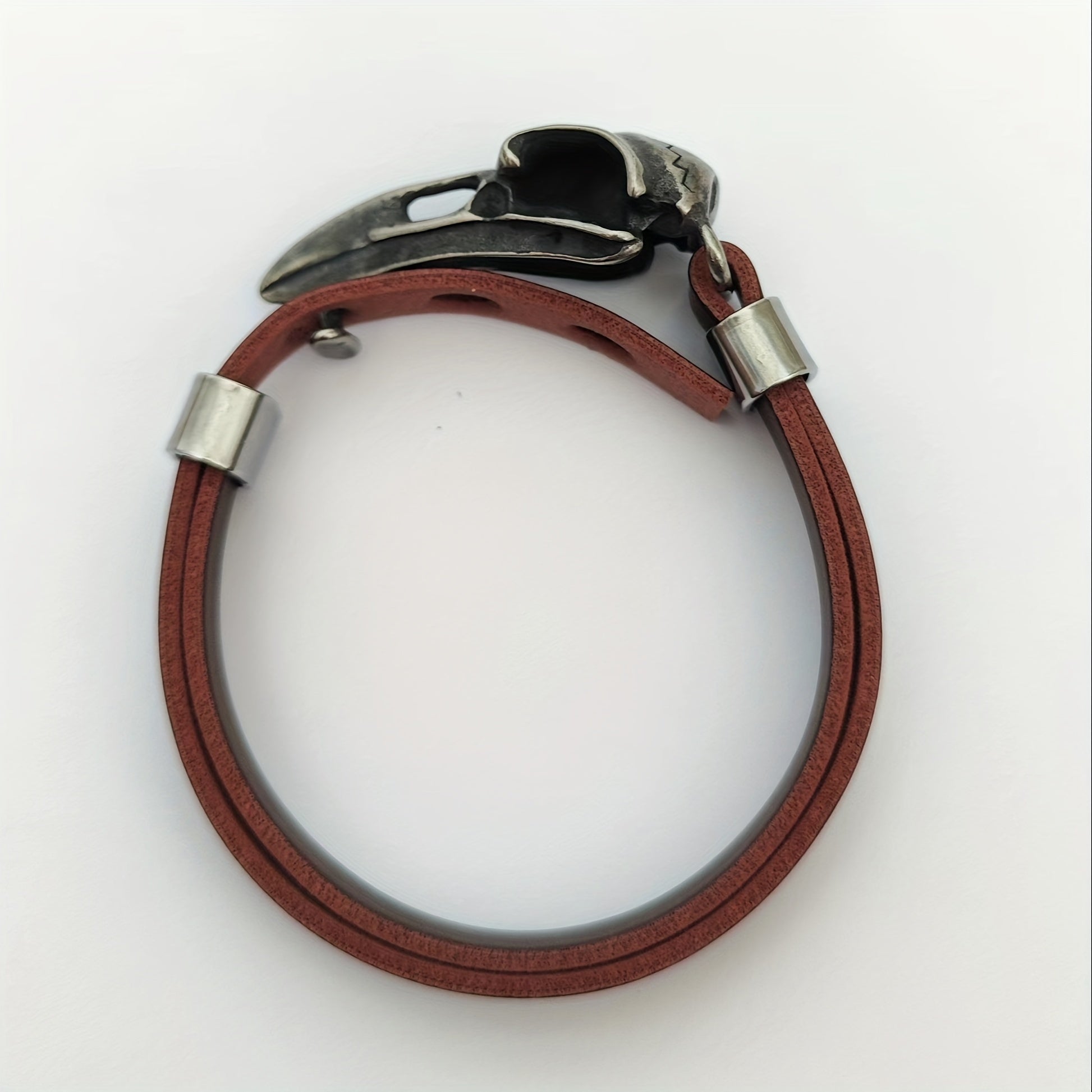 1pc Viking Skull Bracelet - Durable Stainless Steel & Premium Cowhide Leather, Intricate Crow Design, Mens Norse Amulet, Authentic Viking Style Jewelry