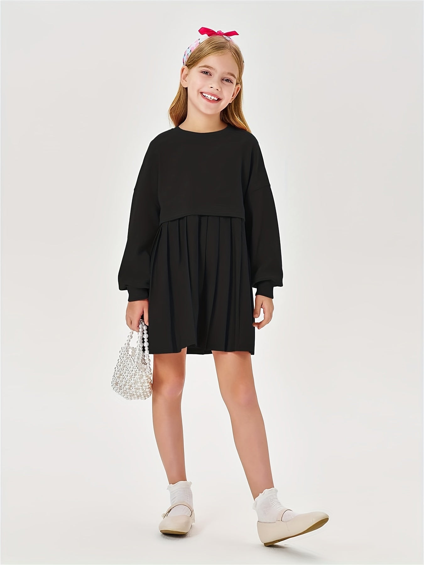 Girls Pleated Sweatshirt Dresses Kids Fashion Long Sleeve Crew Neck Mini Dress