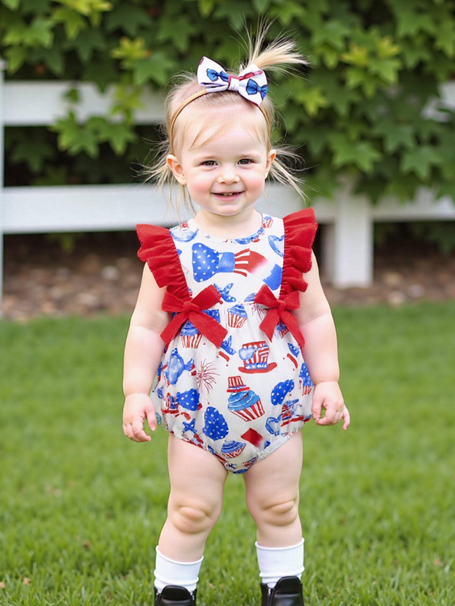 Baby Girls Patriotic Ice Cream Cake Print Romper - Red White Blue Stars & Stripes Design with Bow Detail, Fly Sleeve Summer Jumpsuit, Breathable Casual Outfit for Independence Day & Everyday Play, Holiday Wear | Playful Kids