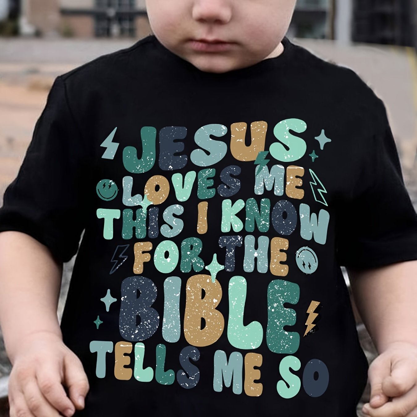 Summer Kids Fashion Short Sleeve T-Shirt - Casual Round Neck, Alphabet Print, Polyester Knit Fabric, Children's Cute Boy Casual Top with Bible Verse Design