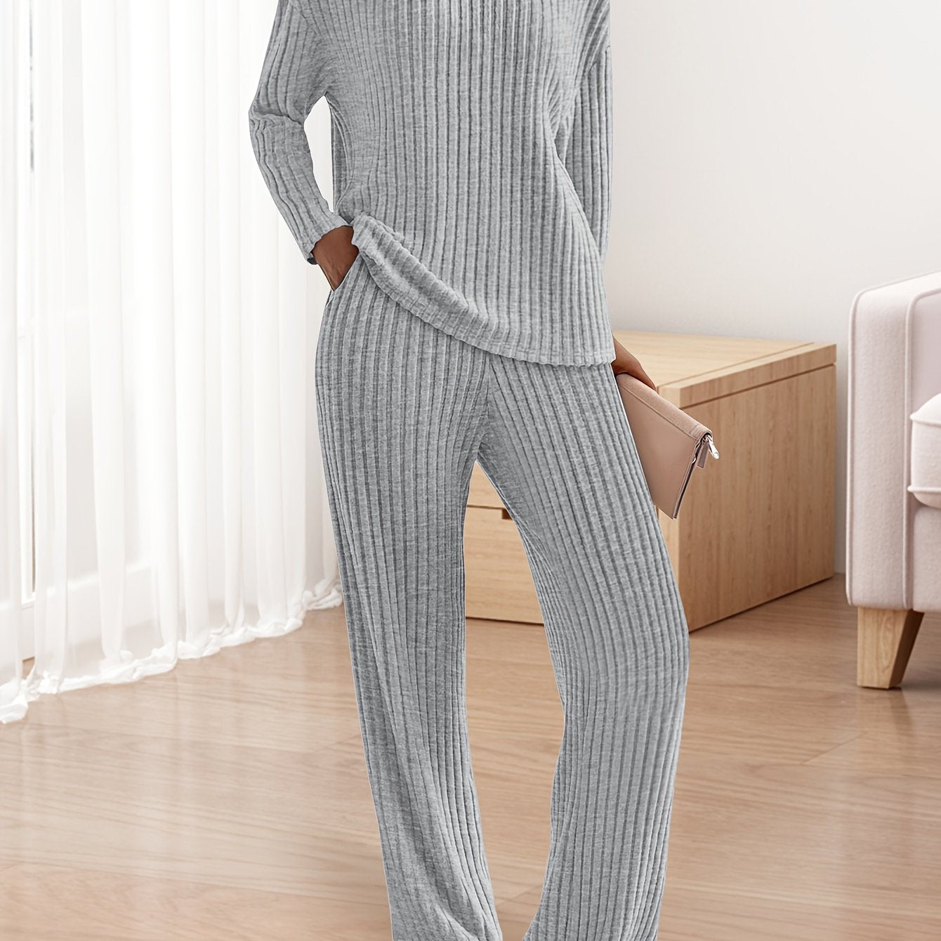 [Ribbed Knit Lounge Sets] 2pcs Ribbed Knit Lounge Sets - Women's Long Sleeve V Neck Pullover Tops Wide Leg Pants for Fall Winter Outfits