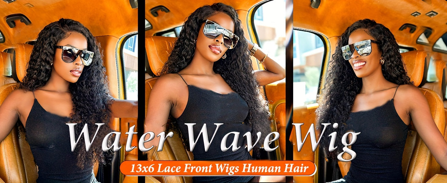 [13x6 Water Wave Wig] 200% Density Glueless Human Hair 13x6 Water Wave Wig - Pre-Plucked & Pre-Cut HD Lace Frontal, Deep Curly Wigs for Women, Easy to Wear for Beginners, Natural Look for Black Individuals, Wig Accessories