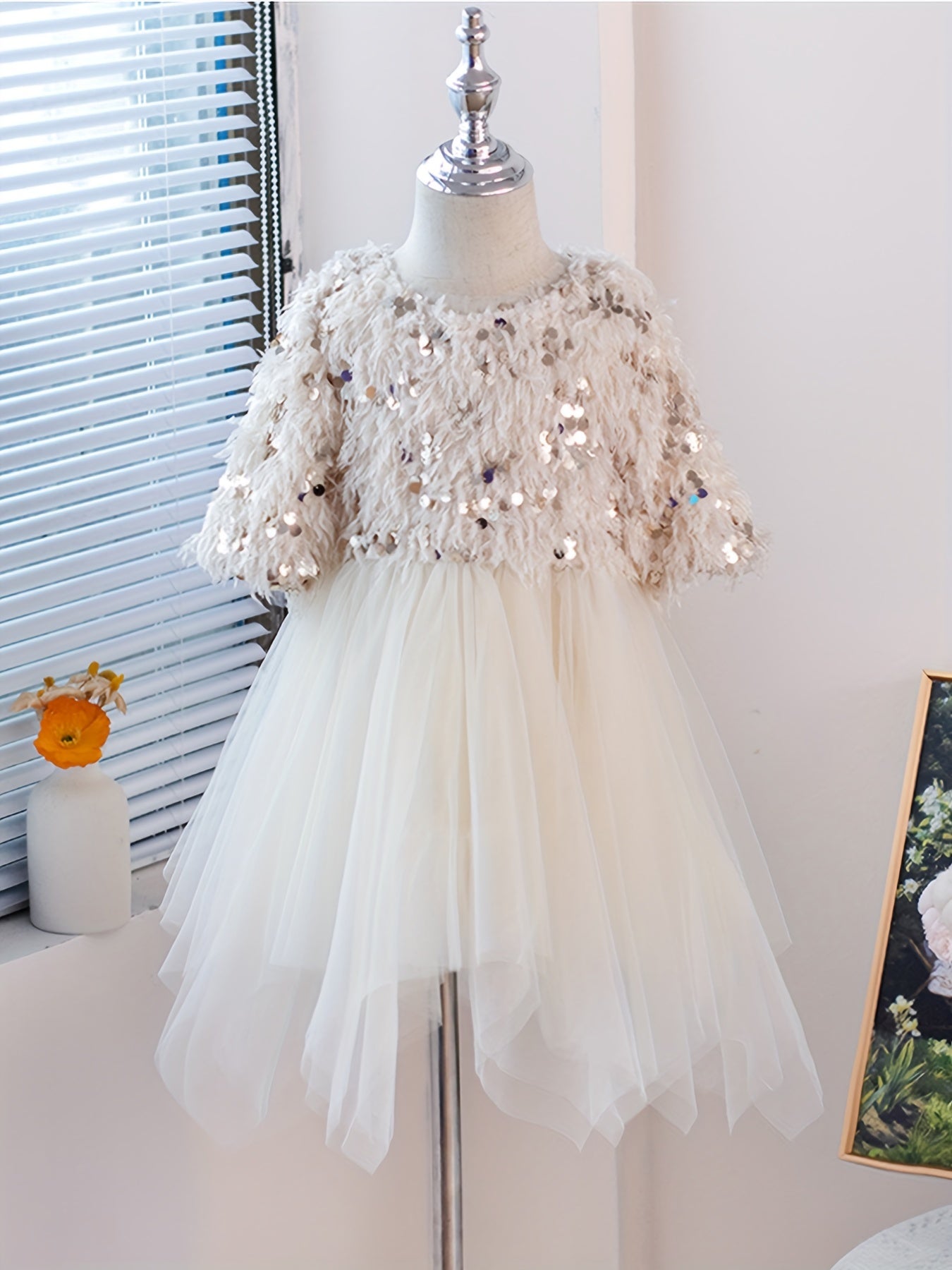 Girls' Party Dress with Sequin and Tassel Decor, Vintage Style Pink Dance Dress, Round Neck Short Sleeve Tulle Princess Evening Gown, Casual A-Line Tulle Skirt, Polyester, Seasonal, Kids Fashion