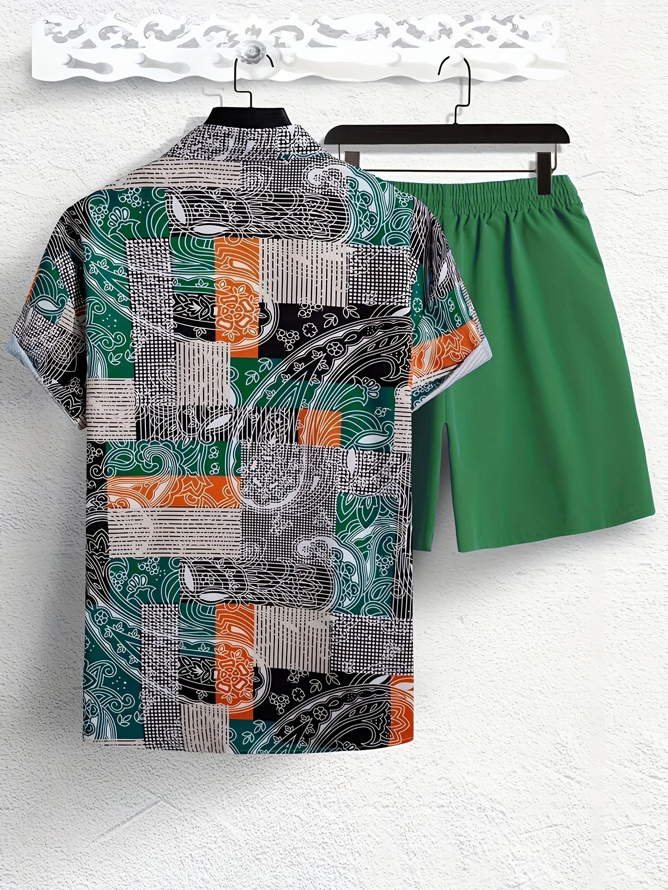 Plus Size Mens Summer Outfit - Stylish 2-Piece Ensemble with Unique Patchwork Print Graphic Short-Sleeve Shirt and Matching Shorts - Perfect for Hot Summer Days