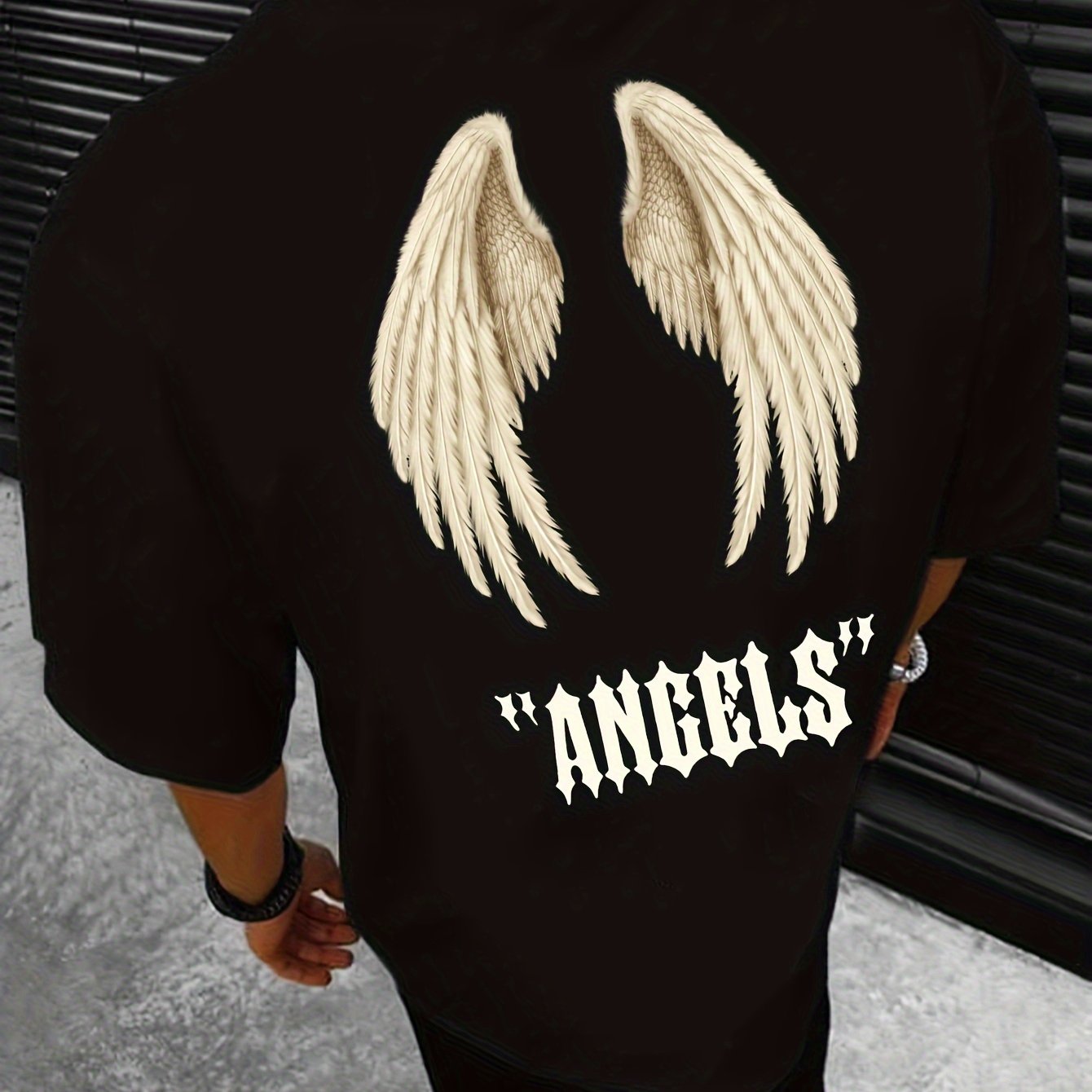 Mens Angel Wings Graphic Tee - Fashionable Casual Wear - Comfortable Solid Color Stretch Tee for Spring Summer - Lightweight Round Neck Design for Daily Style