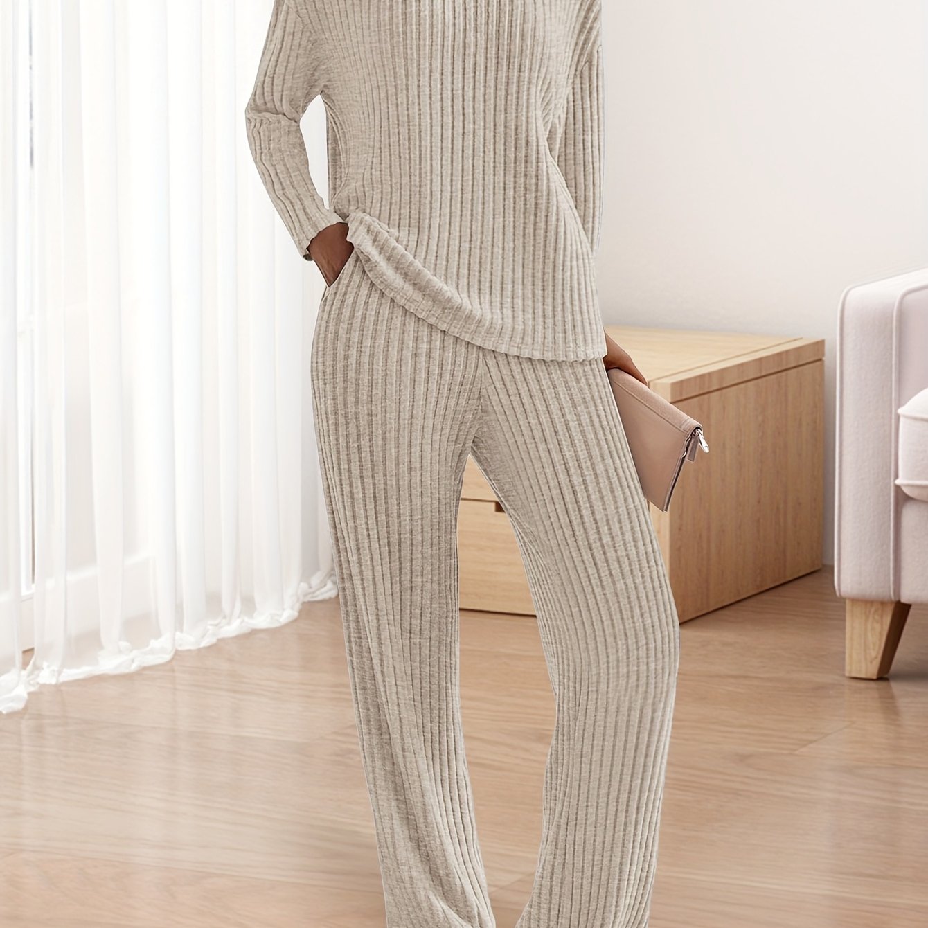 [Ribbed Knit Lounge Sets] 2pcs Ribbed Knit Lounge Sets - Women's Long Sleeve V Neck Pullover Tops Wide Leg Pants for Fall Winter Outfits