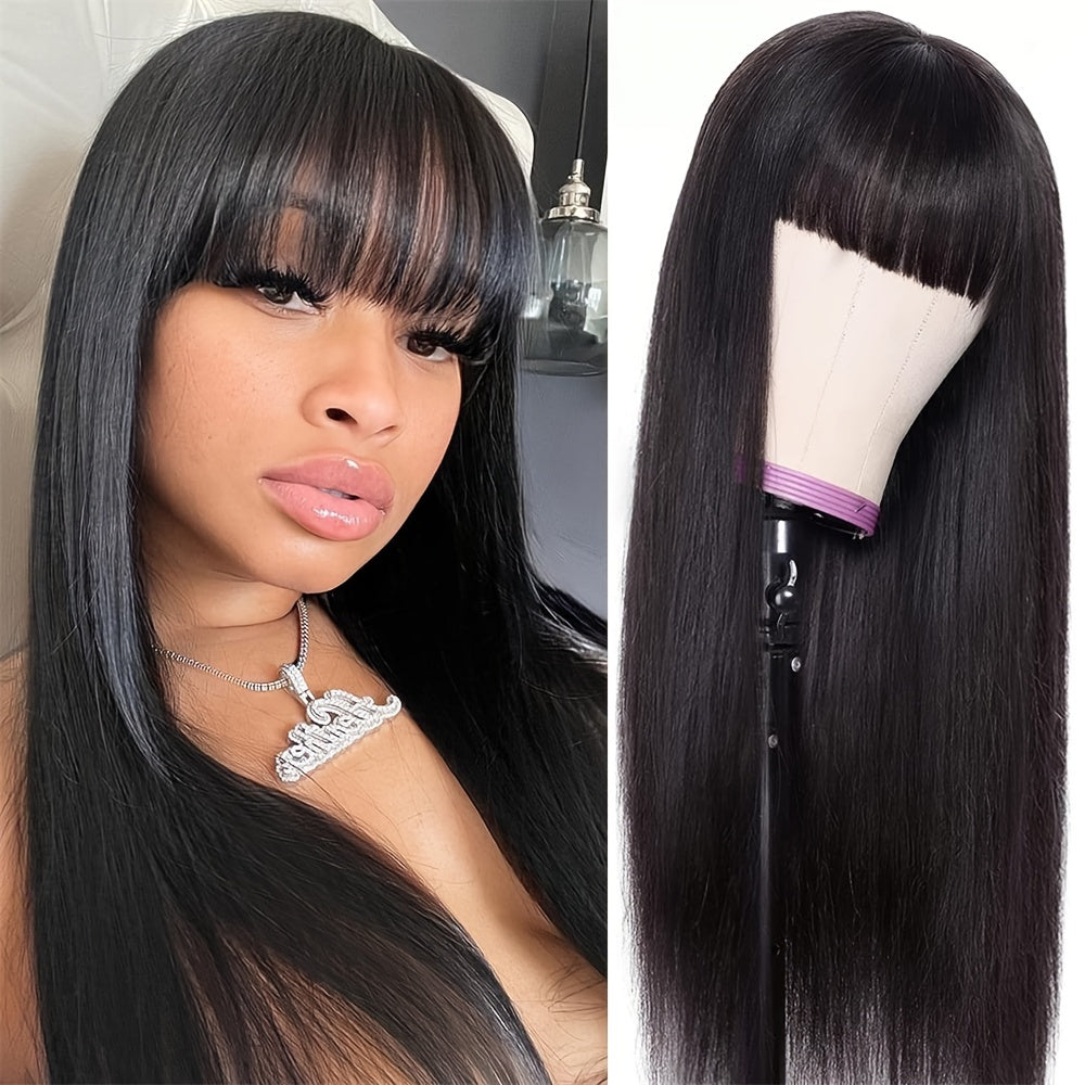 Straight Human Hair Wigs With Bangs Brazilian Put On And Go None Lace Front Wigs For Women Glueless Full Machine Made Wigs 150% Density Natural Color