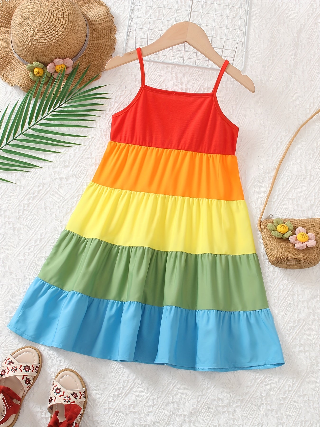 Girls Casual Rainbow Thin Strap Dress Clothes For Summer
