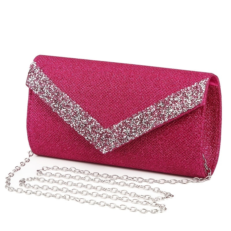 Glitter Women Envelope Evening Bag Mini Long Purse Ladies Silvery Day Clutch Wedding Party Handbag Shoulder Bags with Chain --A