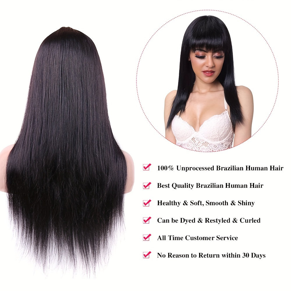 Straight Human Hair Wigs With Bangs Brazilian Put On And Go None Lace Front Wigs For Women Glueless Full Machine Made Wigs 150% Density Natural Color