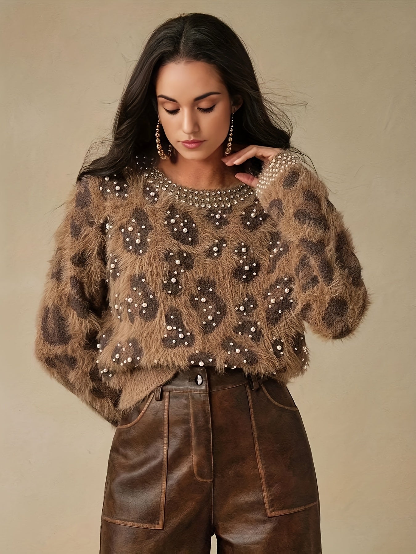 Women's Retro Leopard Print & Rhinestone Sweater - Soft Stretchy Pullover with Pearl Accents, Round Neck Long Sleeve Casual Winter Top for Fall & Winter Outfits