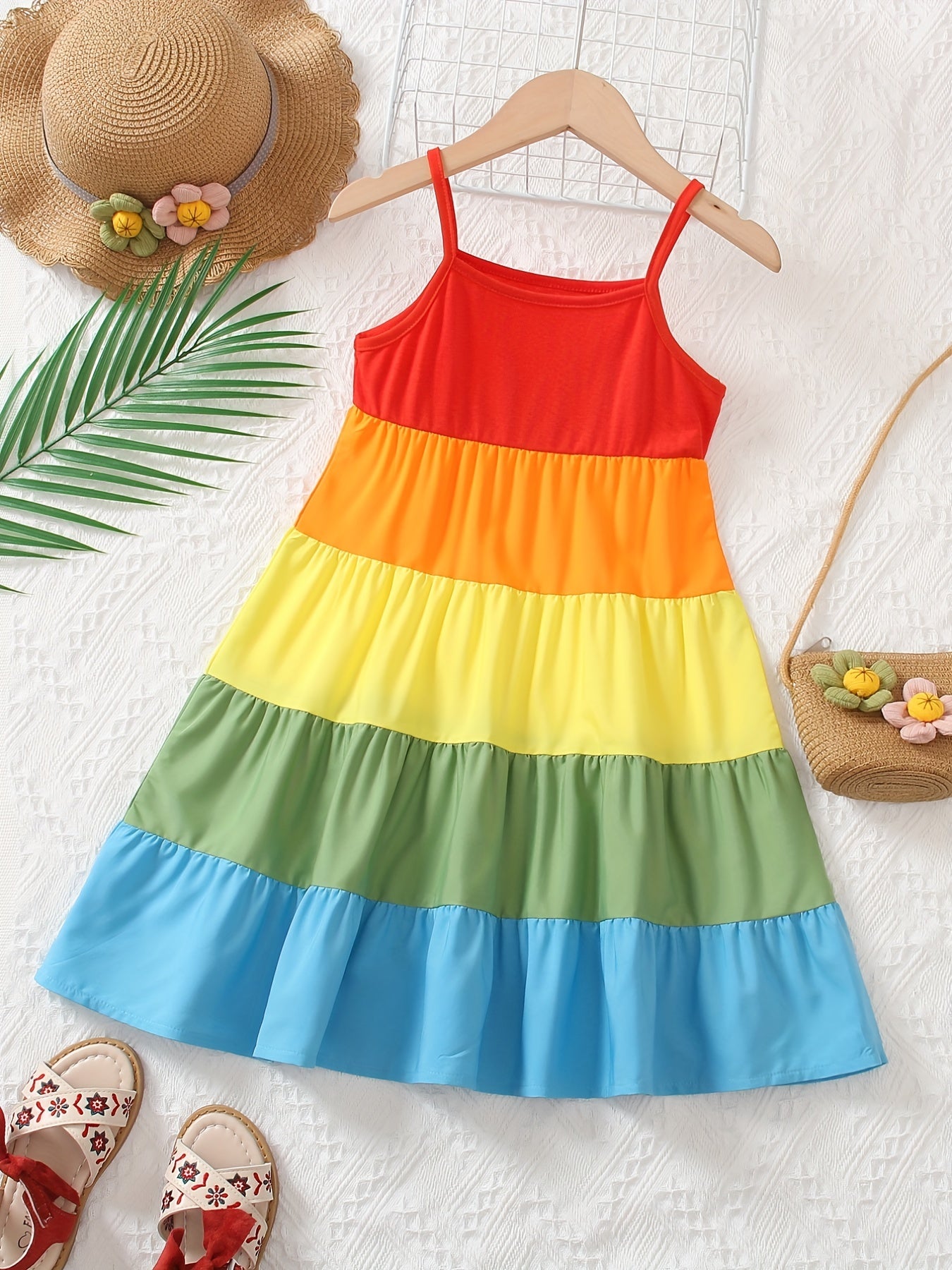 Girls Casual Rainbow Thin Strap Dress Clothes For Summer