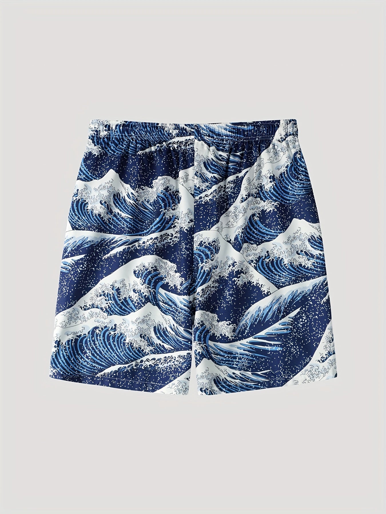 Sea Waves Full Pattern, Men's 2 Piece Outfits, Revere Collar Short Sleeve Hawaiian Shirt & Drawstring Loose Trendy Shorts Sets, Mens Clothes