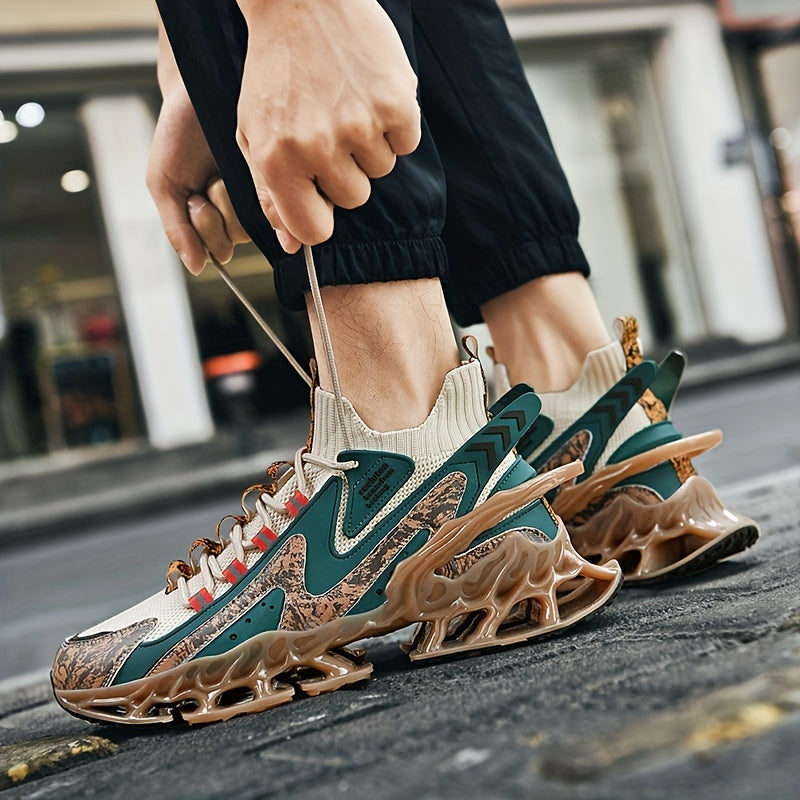 Assorted Color Block Mens Trendy Lace Up Blade Sneakers - Breathable Fabric Upper, EVA Insole, TPU Sole, Alphabets Pattern, Comfortable Casual Outdoor Walking Shoes for Men