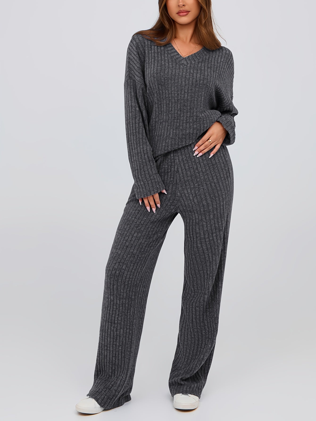 [Ribbed Knit Lounge Sets] 2pcs Ribbed Knit Lounge Sets - Women's Long Sleeve V Neck Pullover Tops Wide Leg Pants for Fall Winter Outfits