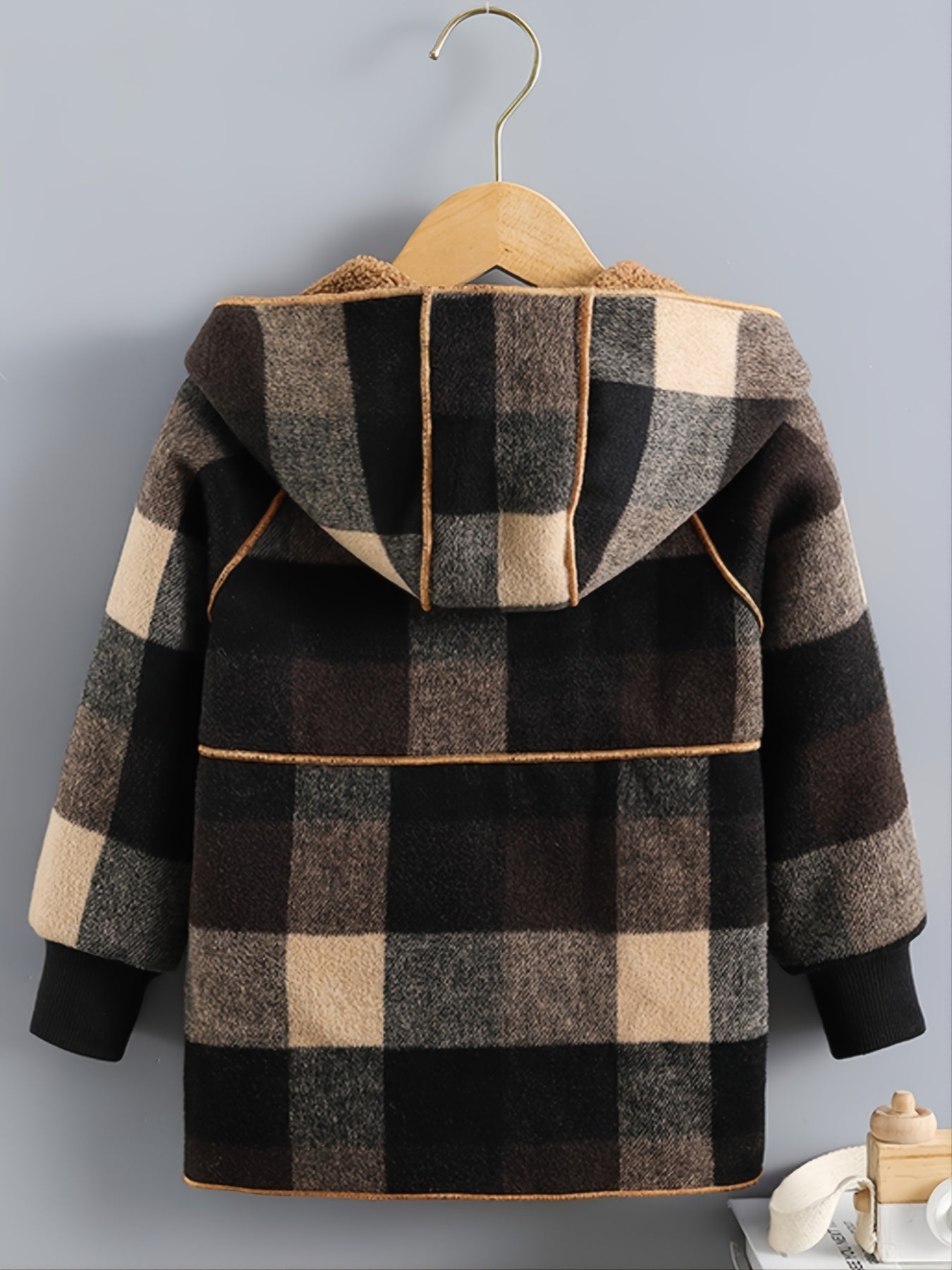 [Cozy Boys' Plaid Jacket] Cozy & Durable Boys' Fleece-Lined Plaid Jacket | Button Front, Pockets & Hood - Long Sleeve Casual Winter Coat for Fall/Winter, Brown & Black Checkered Pattern, Outerwear